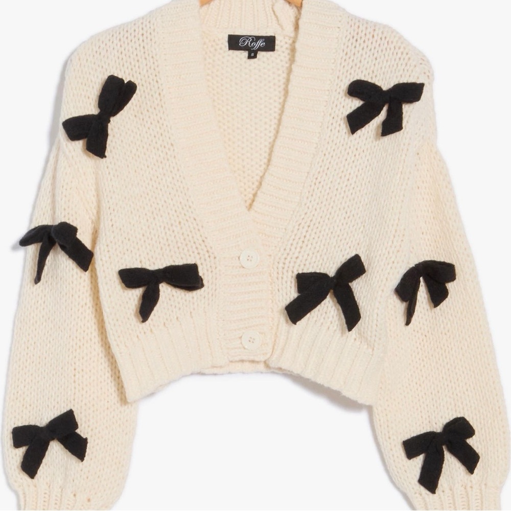 Roffe Cream Bow-Appliqué Cropped Cardigan Sweater NWT Size Medium - Picture 3 of 5